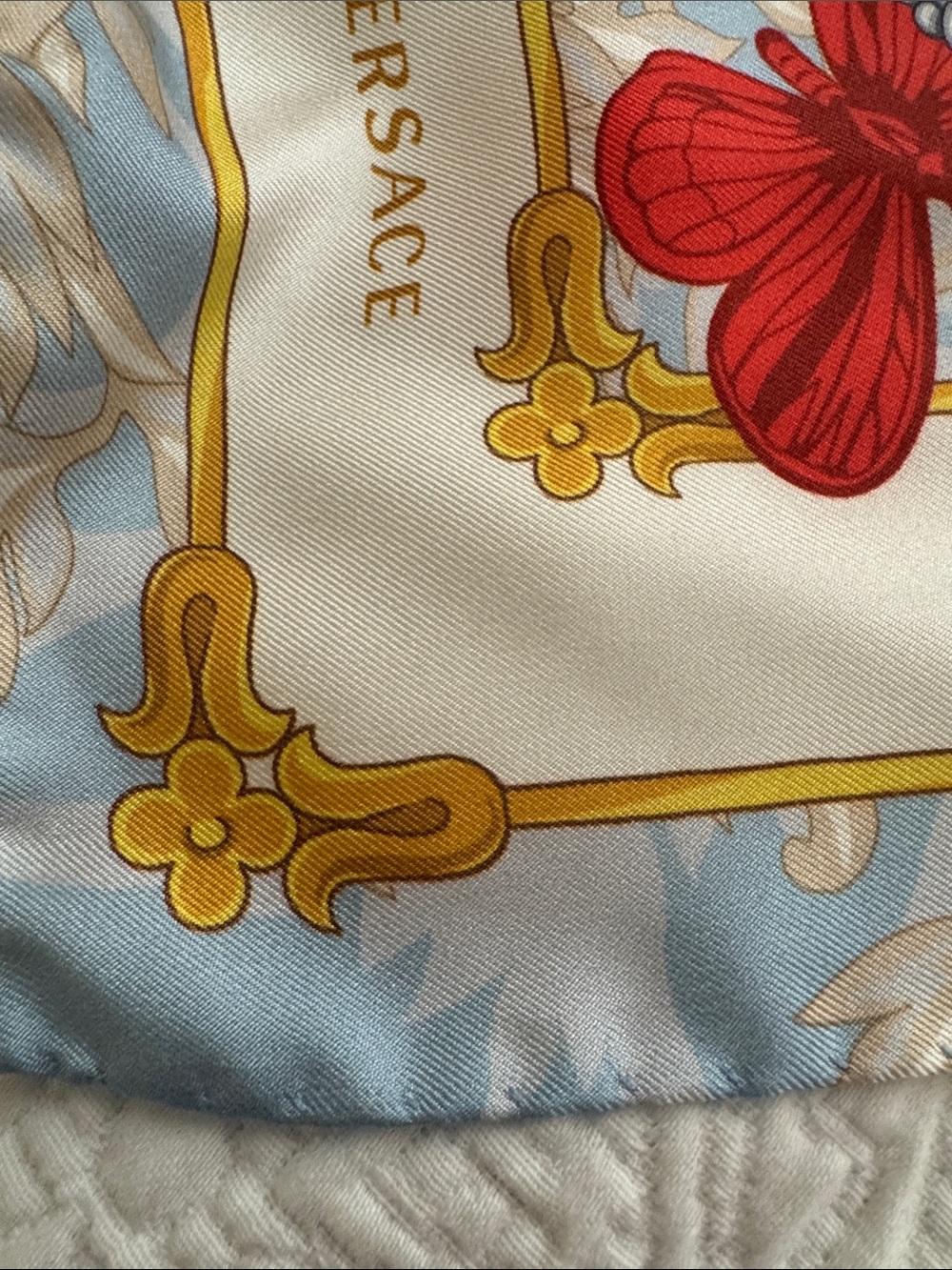 Versace NWT Red & Pale Blue Butterfly Silk Scarf with Gold Accents in BOX - Picture 6 of 12